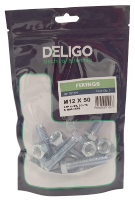 BZP Nuts, Bolts and Washers 12 x 50mm (Pack of 6)