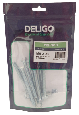 BZP Nuts, Bolts and Washers 8 x 80mm (Pack of 8)